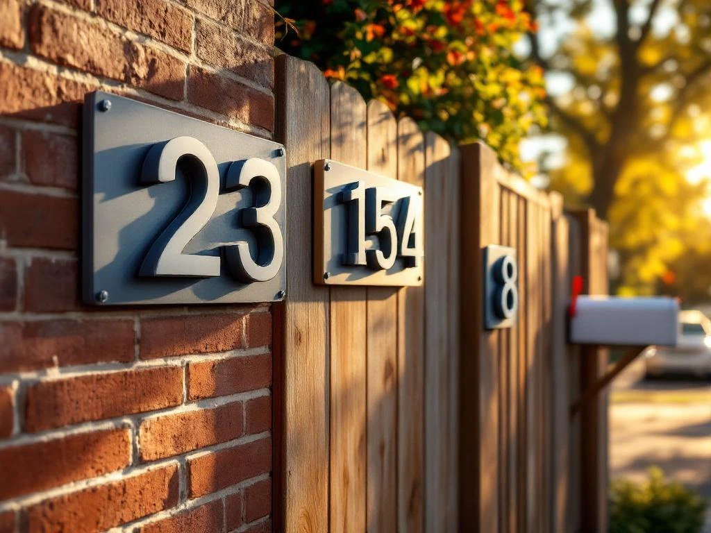 Moderne huisnummers in verschillende groottes op bakstenen muur, houten hek en brievenbus in residentiële straat