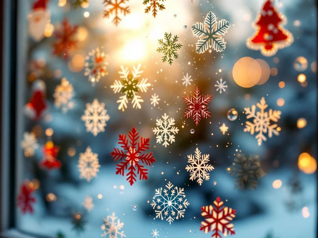 Kerstraamstickers op beslagen glas met gouden zonlicht, sommige stickers krullen aan randen, kerstverlichting op achtergrond