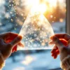 Handen verwijderen voorzichtig herbruikbare kerst raamsticker met sneeuwvlokpatroon van glas bij warm zonlicht