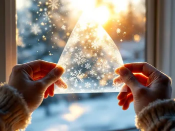 Handen verwijderen voorzichtig herbruikbare kerst raamsticker met sneeuwvlokpatroon van glas bij warm zonlicht