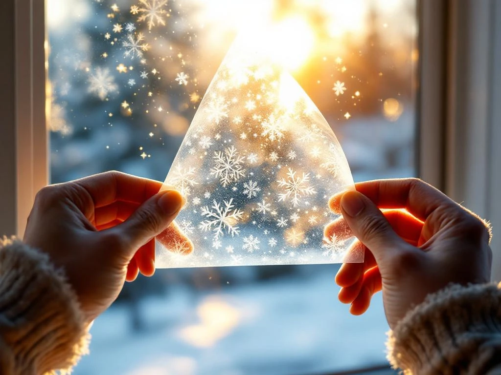 Handen verwijderen voorzichtig herbruikbare kerst raamsticker met sneeuwvlokpatroon van glas bij warm zonlicht