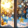 Berijpt raam met kleurrijke kerststickers van sneeuwvlokjes en sterren, ochtendlicht creëert feestelijke schaduwen