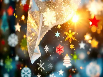 Kerstversiering stickers die loslaten van glazen raam met zonlicht en kleefstof restanten zichtbaar