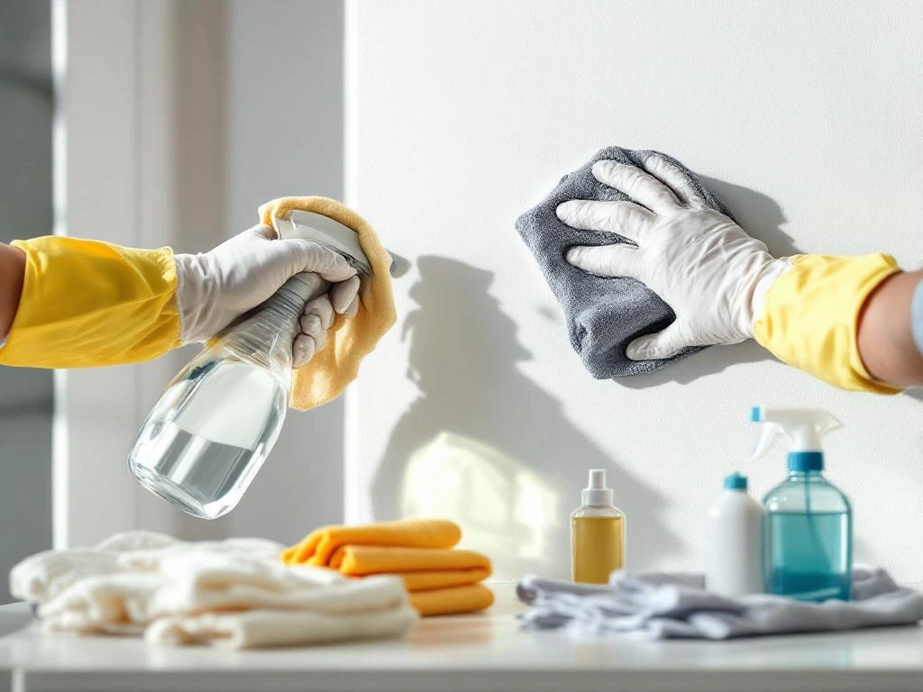 Handen met handschoenen reinigen witte muur met microvezeldoek en professionele schoonmaakmiddelen voor huisnummerstickers
