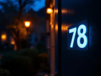 Reflecterende huisnummer sticker gloeit helder op donkere deur bij nachtelijke straatverlichting