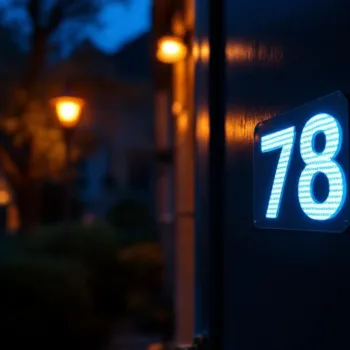 Reflecterende huisnummer sticker gloeit helder op donkere deur bij nachtelijke straatverlichting