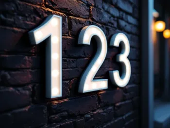 Reflecterende huisnummerstickers "123" op donkere bakstenen muur, glanzend zilver-wit materiaal in avondlicht