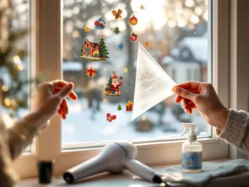 Handen verwijderen voorzichtig Sinterklaas raamsticker van glas zonder residu, föhn en reiniger op vensterbank