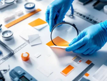 Handen voeren stickeradhesietest uit met vergrootglas op schone ondergrond met teststrips en meetinstrumenten