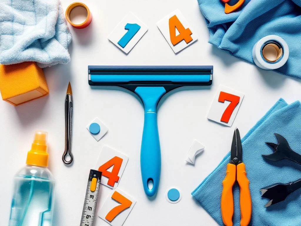 Professionele squeegee met blauwe handgreep omringd door hulpmiddelen voor stickerplaatsing op witte ondergrond