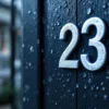 Huisnummer 23 sticker op donkere houten deur met waterdruppels van ochtenddauw, toont waterbestendige kleefkracht