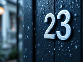 Huisnummer 23 sticker op donkere houten deur met waterdruppels van ochtenddauw, toont waterbestendige kleefkracht