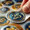 Premium 25-jarig jubileum stickers met gouden accenten worden aangebracht, toont aangepaste logo details en kwaliteit