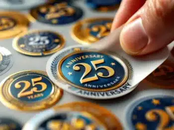 Premium 25-jarig jubileum stickers met gouden accenten worden aangebracht, toont aangepaste logo details en kwaliteit