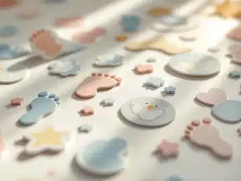 Kleurrijke geboorteaankondiging stickers met babythema's zoals voetafdrukjes en fopspenen op witte ondergrond