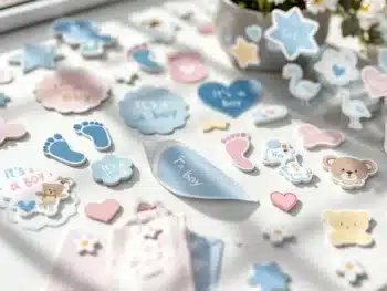 Kleurrijke geboorteaankondiging stickers met babymotieven in pastelkleuren op witte ondergrond, enkele gedeeltelijk afgepeld