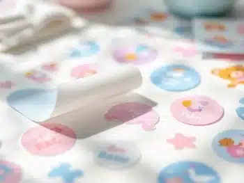Pastelkleurige geboorte-aankondiging stickers met teddyberen worden van papier gepeld op witte ondergrond