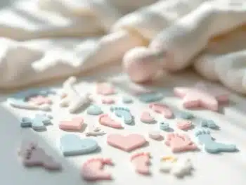 Pastelkleurige geboorteaankondiging stickers met babymotieven zoals voetafdrukjes en hartjes op witte ondergrond