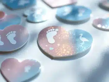 Kleurrijke geboorteaankondiging stickers met babymotieven in pastelkleuren op witte ondergrond, een gedeeltelijk afgepeld