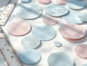 Geboorteaankondiging stickers in verschillende formaten op witte achtergrond met liniaal voor schaalreferentie