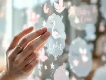 Hand plaatst roze en blauwe geboorteaankondiging stickers met ooievaar motief op babykamer raam