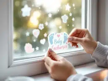 Pastelkleurige geboorteaankondiging stickers met babymotieven worden aangebracht op een raam in de babykamer
