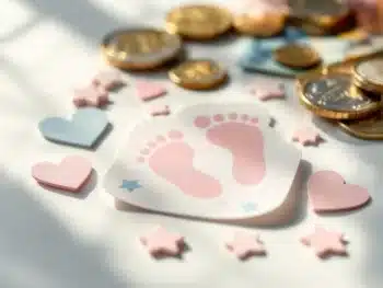 Pastel geboortekaartje stickers met babyvoetjes en hartjes naast euromunten op witte ondergrond