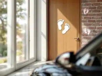 Geboorteaankondiging stickers op verschillende oppervlakken zoals glas, hout en steen met roze en blauwe voetafdrukjes