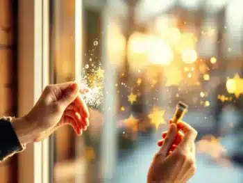 Handen brengen gouden jubileum raamsticker aan op glas met squeegee, professionele bubbelvrije installatie