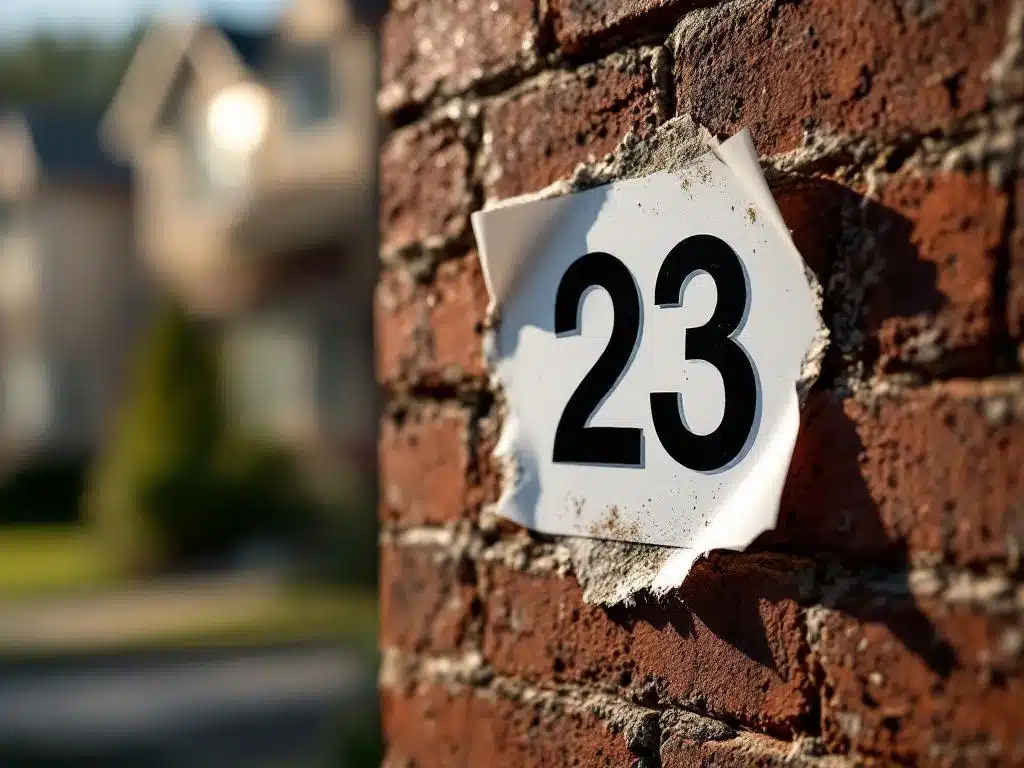 Huisnummer sticker "23" die loslaat van bakstenen muur, met zichtbare lijmresten en vuil eronder