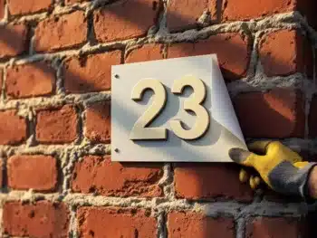 Handen in werkhandschoenen bevestigen wit huisnummer 23 sticker op getextureerde bakstenen muur