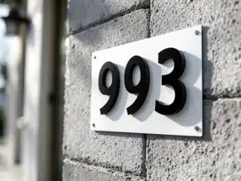 Witte huisnummersticker met zwarte cijfers wordt aangebracht op getextureerde betonnen gevel van modern huis