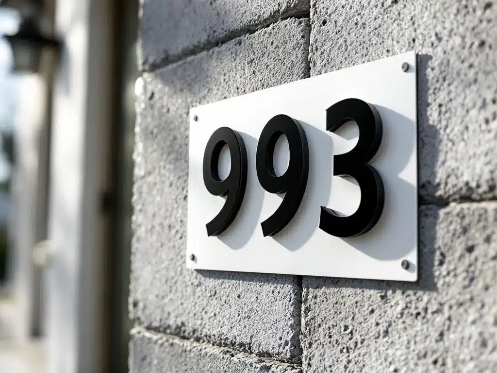 Witte huisnummersticker met zwarte cijfers wordt aangebracht op getextureerde betonnen gevel van modern huis