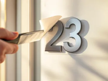 Huisnummer sticker "23" wordt voorzichtig van witte deur gehaald met plastic schraper, nieuwe rechte sticker ligt klaar