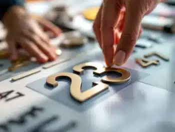 Aangepaste huisnummer stickers worden aangebracht op moderne voordeur, verschillende metallic nummers op werkoppervlak