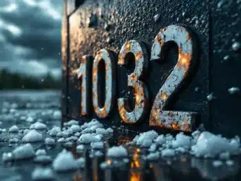 Verweerde huisnummerstickers op voordeur met hagelschade, deuken en afbladderende randen na storm