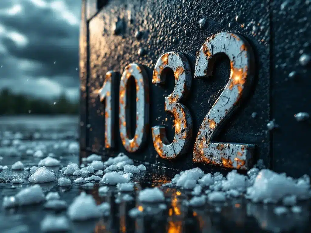 Verweerde huisnummerstickers op voordeur met hagelschade, deuken en afbladderende randen na storm