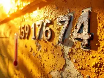 Verweerde huisnummerstickers op zonbeschenen muur met thermometer, toont contrast tussen nieuwe en oude plakkers