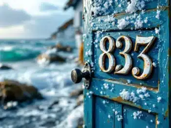 Verweerde huisnummerstickers op voordeur van traditioneel Nederlands kusthuisje met zoutkristallen en oceaangolven op achtergrond