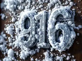 Verweerde huisnummer stickers op voordeur bedekt met smeltende sneeuw en ijskristallen, winter slijtage zichtbaar