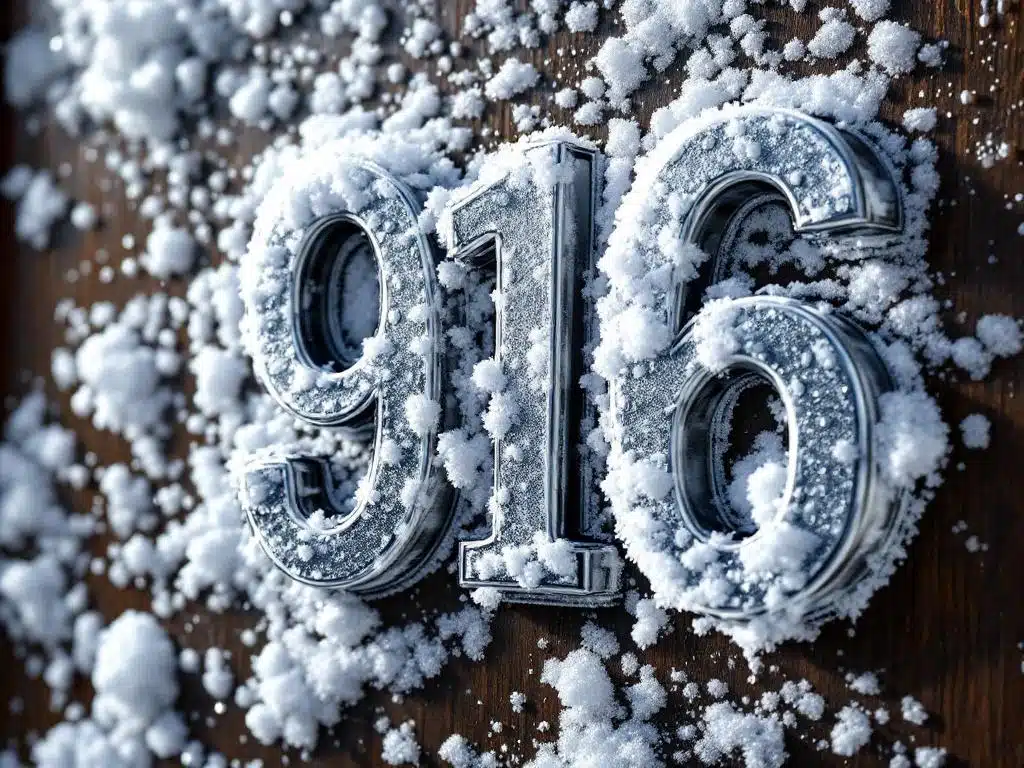 Verweerde huisnummer stickers op voordeur bedekt met smeltende sneeuw en ijskristallen, winter slijtage zichtbaar