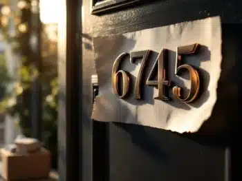 Premium metallic huisnummer stickers worden aangebracht op moderne voordeur, met verpakking en gedeeltelijk afgepelde backing