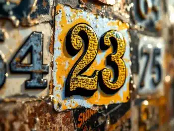 Huisnummer stickers op buitenmuur tonen verschillende diktes en duurzaamheid, van nieuwe vinyl "23" tot verweerde exemplaren