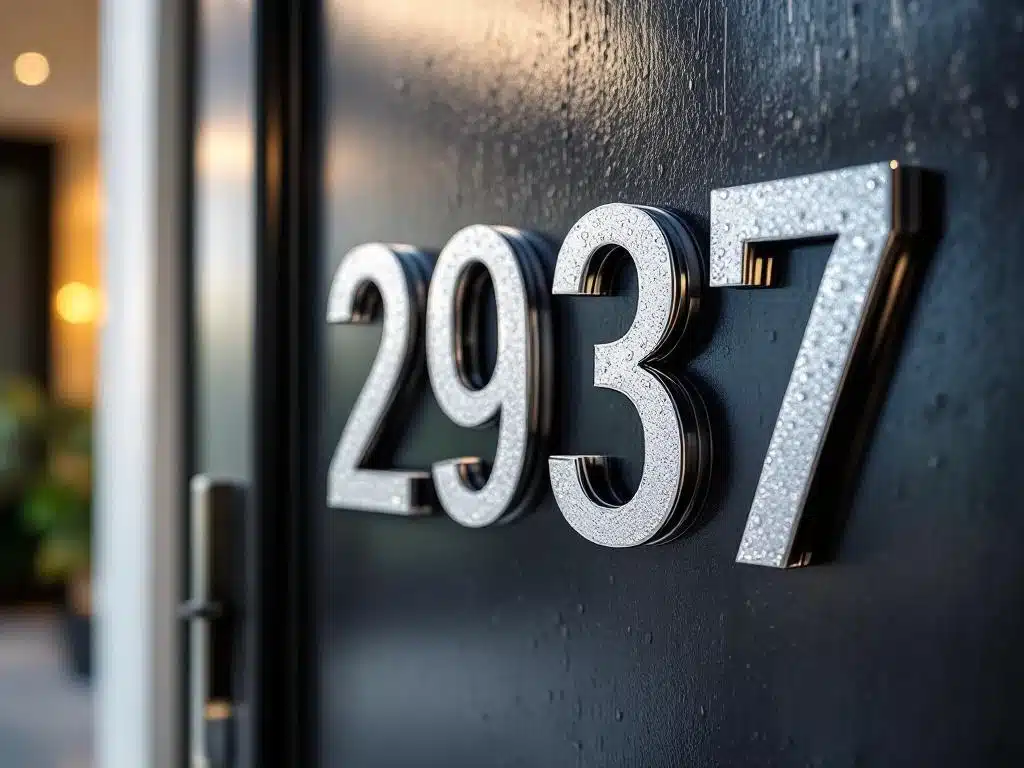 Zilverkleurige huisnummerstickers op moderne voordeur met waterafstotende beschermlaag en reflecterende afwerking