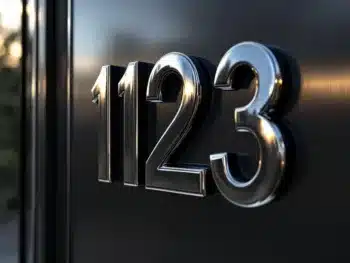Chrome huisnummer stickers "123" op zwarte metalen deur met perfecte hechting en glanzende afwerking