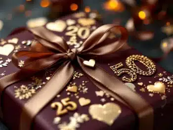 Luxe jubileumcadeau met gouden en zilveren stickers op bordeauxrood inpakpapier met cijfers 25 en 50