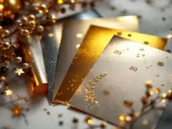 Verschillende premium stickermaterialen voor jubileumvieringen, inclusief gouden folie, vinyl en matte papier samples