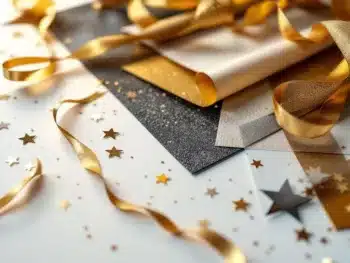 Premium stickermaterialen voor jubileum: glanzend vinyl, mat papier, transparante folie en gouden linten op witte ondergrond