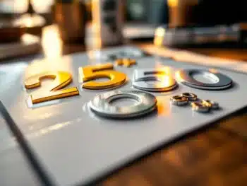 Gouden en zilveren jubileum stickers op witte ondergrond met onderhoudsspray en applicatietools op achtergrond