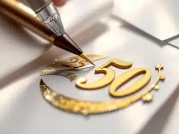 Gouden en zilveren jubileum stickers met cijfers 25 en 50 worden aangebracht op witte ondergrond met applicator gereedschap